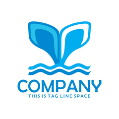 Whale Fish Tail on the surface of Sea Water in Blue Tail Letter T Vector Logo