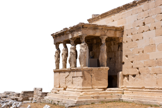 Athens, Greece. Erechtheion with Cariatides Porch on Acropolis hill isolated on white transparent background, PNG.