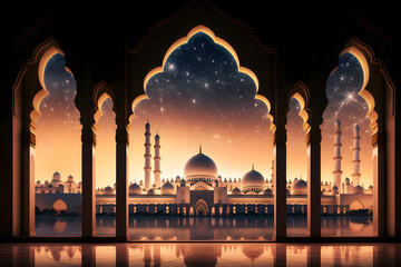 grand mosque with a crescent moon - obrazy, fototapety, plakaty