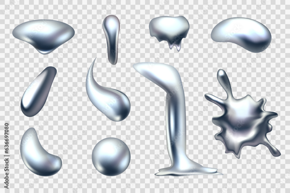 Poster Liquid metal. Chrome shapes. Silver balls. 3D drop and splash. Abstract pearl spheres. Orb gradients. Quicksilver melt flow. Mercury blobs. Fluid metallic forms. Vector glossy elements set