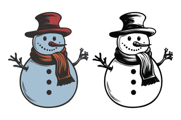 Set of vintage retro snowman snowflakes character with hat and carrot and scarf. Merry christmas xmas new year holiday halloween poster. Graphic Art. Engraving vector illustration