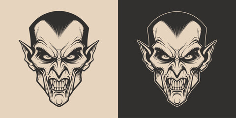 Vintage retro Halloween vampire dracula character face portrait. spooky scary horror element. Monochrome Graphic Art. Vector. Hand drawn element in engraving.