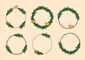 Set of round frames with leaves and birds