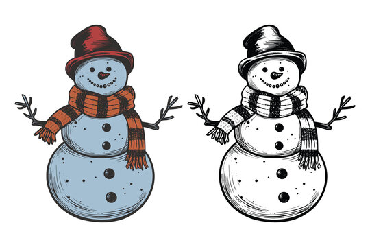 Set of vintage retro snowman snowflakes character with hat and carrot and scarf. Merry christmas xmas new year holiday halloween poster. Graphic Art. Engraving vector illustration
