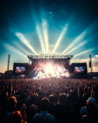 The main stage at a large outdoor music festival on a summer evening. Crowds of people in from of the scene. Shallow field of view.