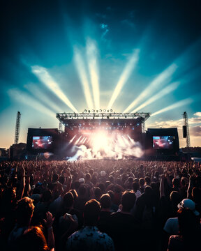 The main stage at a large outdoor music festival on a summer evening. Crowds of people in from of the scene. Shallow field of view.