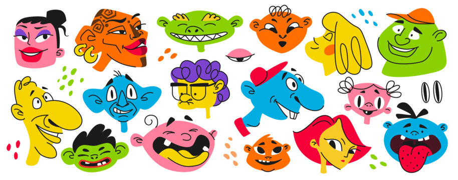 Quirky characters. Scribble crazy avatars, doodle hand drawn ugly kids, funny bizarre man and woman. Party decorative retro stickers, happy mascots, Vector psychedelic cartoon portraits set