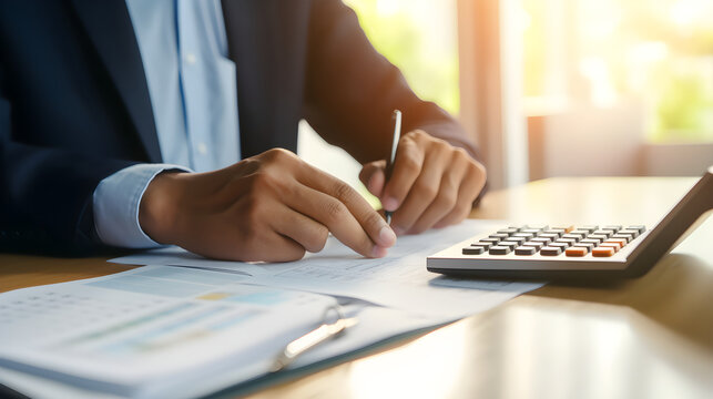 Close up hands businessman doing finances with using calculator and writing note in office.