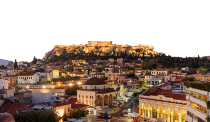 Athens, Greece. Acropolis rock and Monastiraki square isolated on white transparent background, PNG.