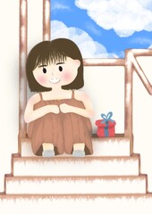A cute girl sits alone on the stairs leaning against the wall.