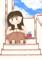 A cute girl sits alone on the stairs leaning against the wall.
