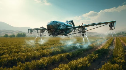 Zelfklevend Fotobehang Step into the realm of AI-powered agriculture where drones, guided by generative technology, take on the essential task of watering fields.   © Light & Lines