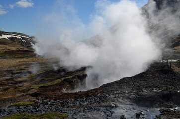 Fototapeta na wymiar Hot Steam Rising from Multiple Fumaroles in Iceland