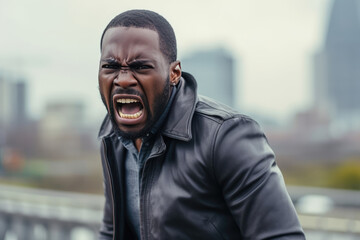 Anger African Man In Gray Jacket On City Background