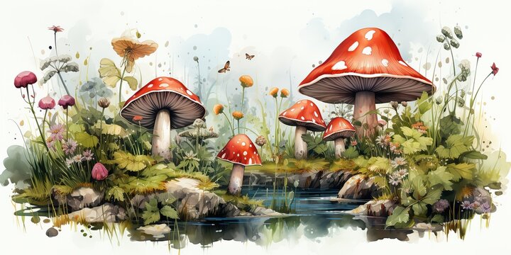 AI Generated. AI Generative. Draw paint watercolor sketch mushrooms decoration background canvas paint. Graphic Art