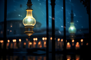 a mosques minaret illuminated at night - obrazy, fototapety, plakaty
