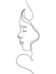 A portrait of a beautiful woman is drawn in a oneline art style. Body and facial expression. Printable art.	