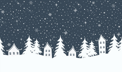 Fototapeta premium Winter background. Christmas village. Seamless border. Fairy tale winter landscape. White houses, fir trees, snowflakes on dark blue background. Vector illustration