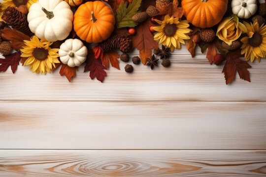 Flat Layout Of Dried Leaves, Pumpkins, And Flowers On White Thanksgiving Day