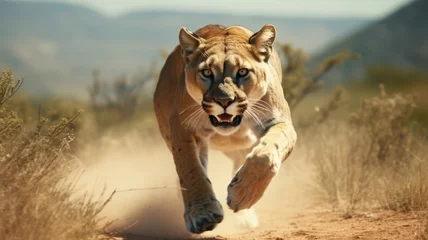 Poster puma in running to hunt in savannah  © MAXXIMA Graphica