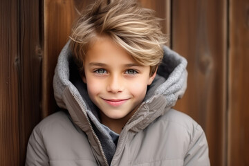 Happiness European Boy In Gray Jacket On Wooden Plank Background