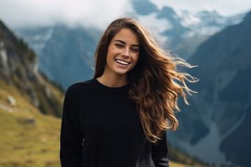 Happiness European Girl In Black Sweater On Mountain Scenery Background