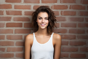 Happiness European Woman In Beige Tank Top On Brick Wall Background