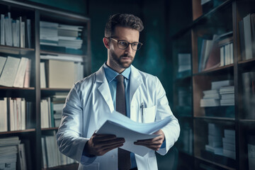 Serious male doctor in white coat and eyeglasses reading medical document while standing in office