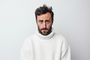 Sadness European Man In White Sweater On White Background