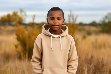 Surprise African Boy In Beige Hoodie On Nature Landscape Background