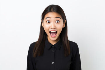 Obraz na płótnie Canvas Surprise Asian Girl In Black Polo Shirt On White Background