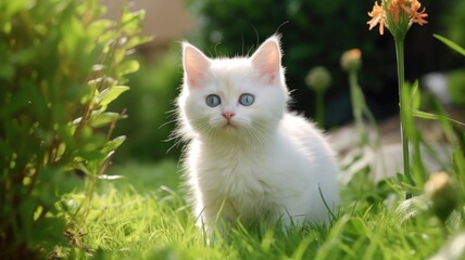 white cat on green grass