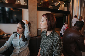 Short haired girl hearing unpleasant news with her brunette colleague at work