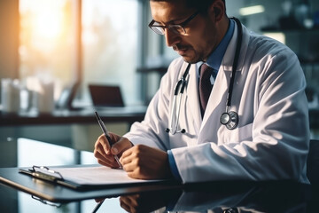 Close-up of male doctor writing prescription while sitting at his working place