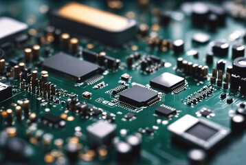 Obraz premium Electronic circuit board with processor, technology background.