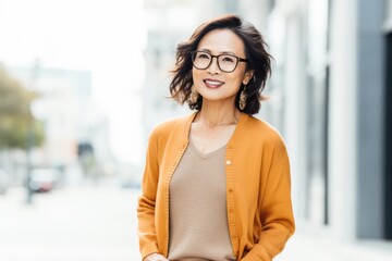 Lifestyle portrait of a Chinese woman in her 40s in a white background wearing a chic cardigan