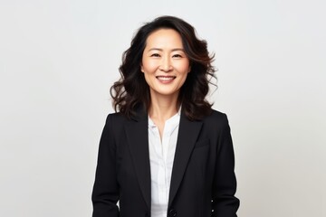 Medium shot portrait of a Chinese woman in her 40s in a white background wearing a classic blazer