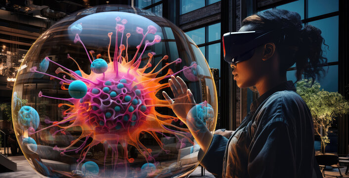 Woman wearing AR/VR goggles viewing a 3D model of a cancer cell at home in her living room