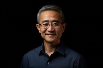 Medium shot portrait of a Chinese man in his 40s in a black background wearing a simple tunic
