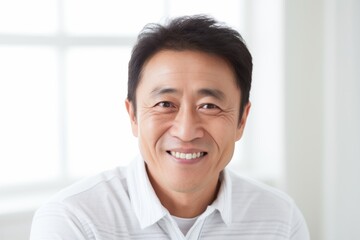Lifestyle portrait of a Chinese man in his 40s in a white background wearing a chic cardigan