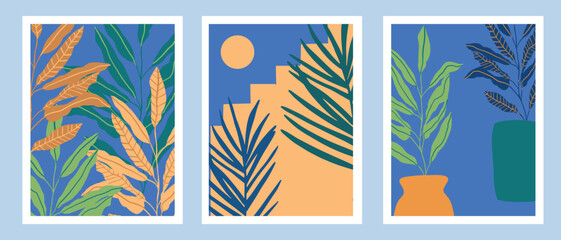 Fototapeta na wymiar Trendy modern tropical art print collection. Mid century style vector illustration. Bright bold colour. Boho exotic vintage abstract design for poster, card, t-shirt, post, commercial, wall art.