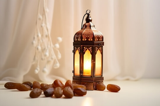 lantern with dates and prayer beads