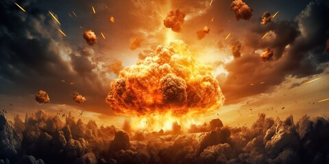 AI Generated. AI Generative. Nuclear atomic explosion boom mushroom fire flame smoke apocalypse detonation. Graphic Art - obrazy, fototapety, plakaty