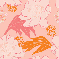 Pink floral pattern vector illustration. Coloured wild roses blossom contemporary print. Vintage flower pattern. Trendy botanical design template. Romantic delicate background