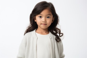 Lifestyle portrait of a Indonesian child female in a white background wearing a chic cardigan