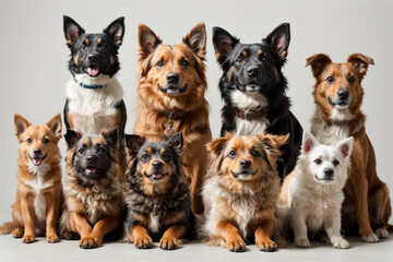 Group portrait of dogs of various shapes, sizes, and breeds. Stray pets with happy expression waiting for adoption. generative AI