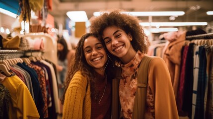 Obraz premium Two young friends happily stand in a boutique clothing store.