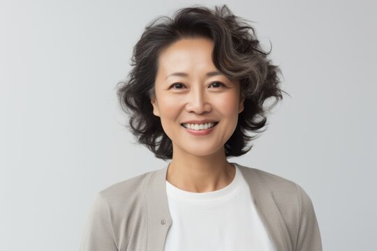 Lifestyle portrait of a Indonesian woman in her 40s in a white background wearing a chic cardigan