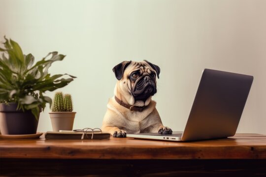 A pug dog sitting at a desk with a laptop. Digital image.