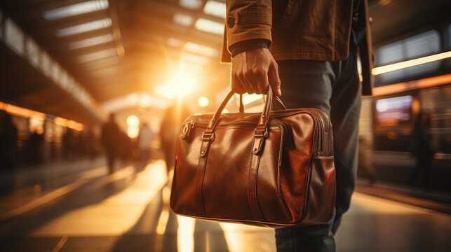 A man's hand grasping the handle of his suitcase with the bustling train station platform in the background.